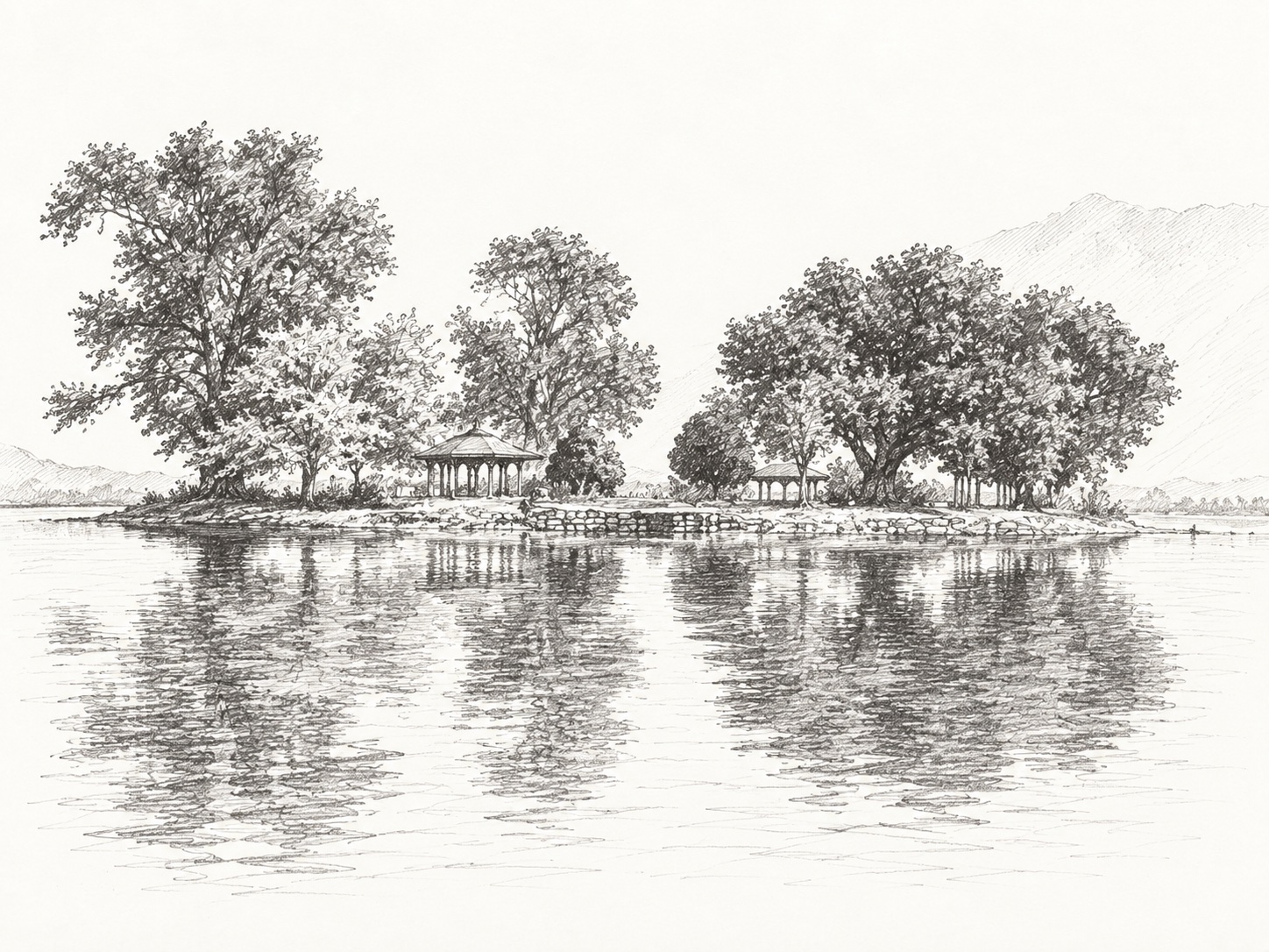 Graphite pencil drawing of Char Chinar, with chinar trees and small pavilions reflected in the lake