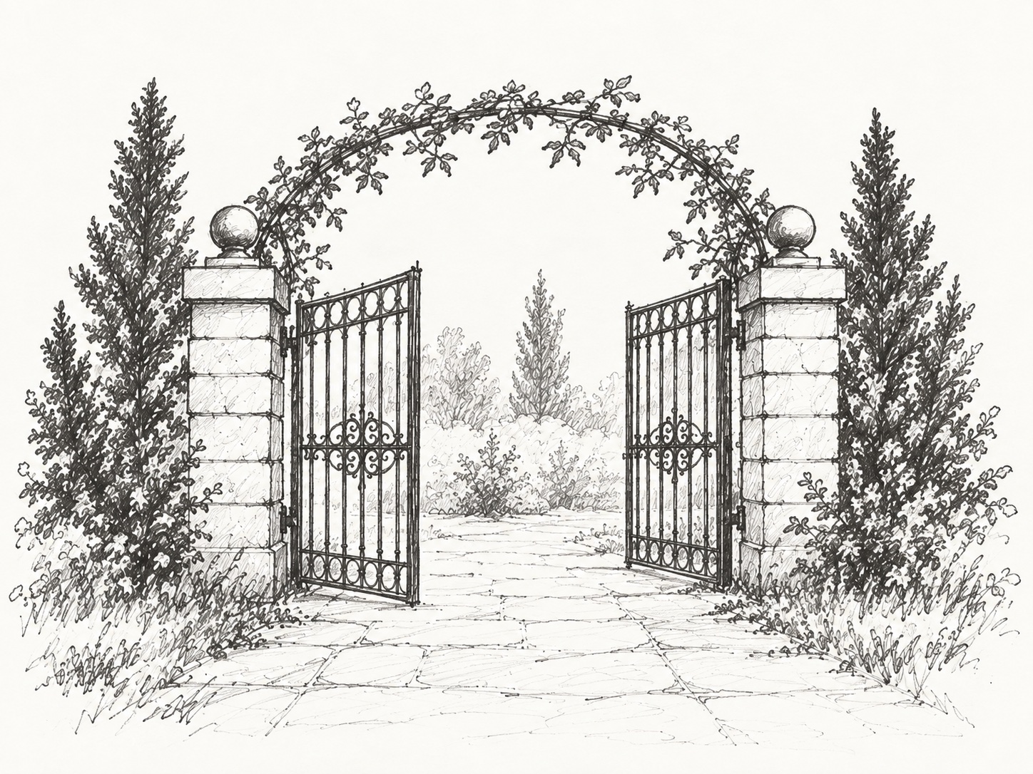 Pencil sketch of an open garden gate between stone pillars, with climbing vines and conifers