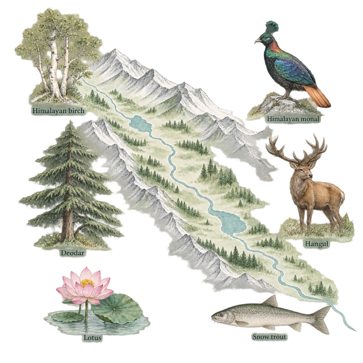 Schematic valley habitat map with pencil and watercolour illustrations of Himalayan birch, deodar cedar, lotus, hangul, Himalayan monal and snow trout among mountains, woodland, lakes and a river