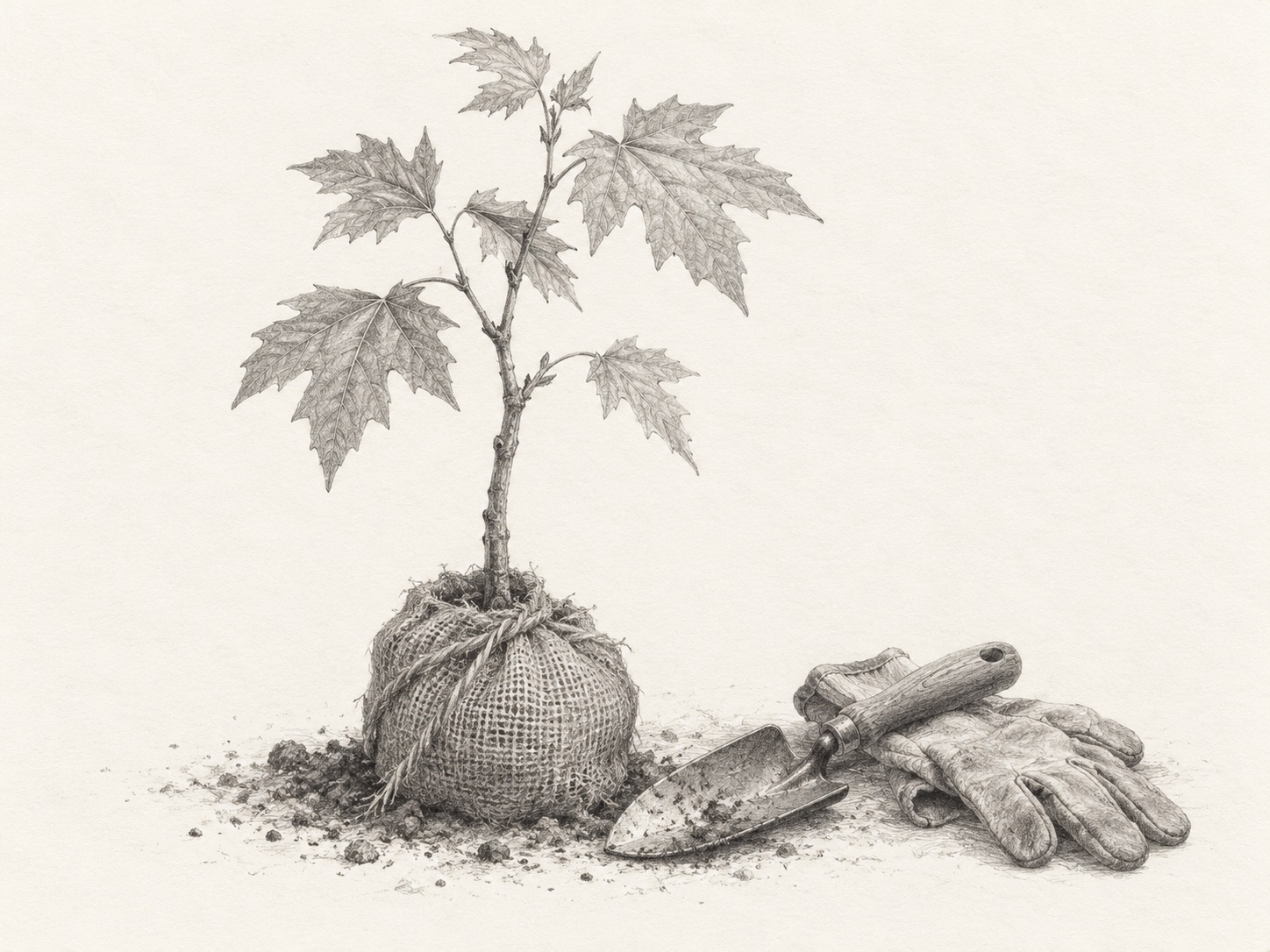 Pencil drawing of a young chinar sapling with a wrapped root ball, a trowel and gardening gloves