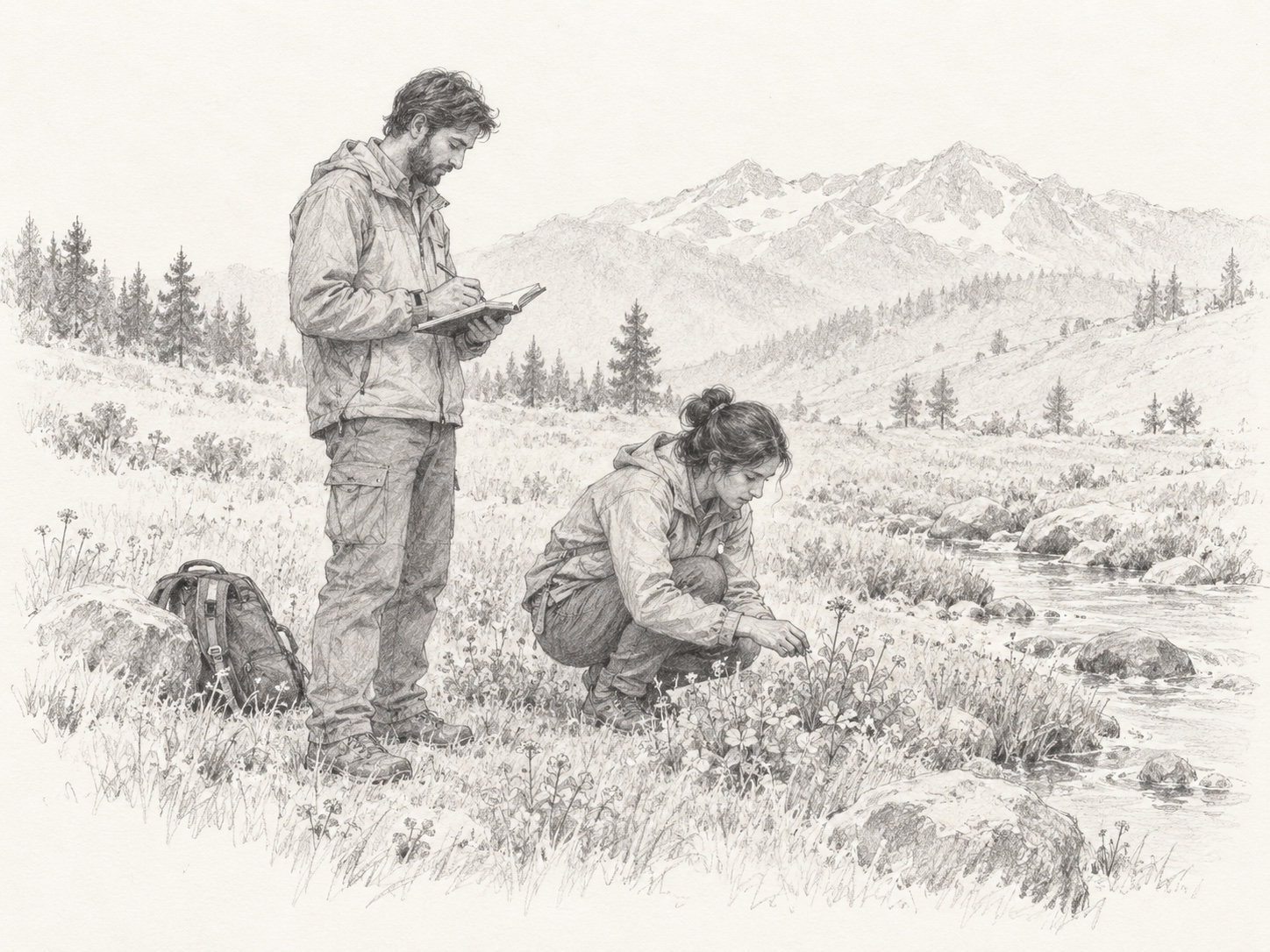 Pencil illustration of two field volunteers recording observations and examining plants beside a mountain stream